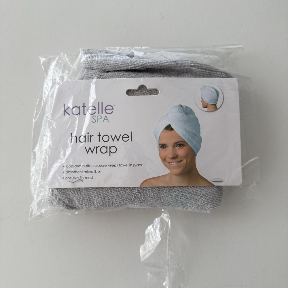 NIB Katelle Spa Hair Towel Wrap‎ Gray Microfiber Button Closure 23” x 9”